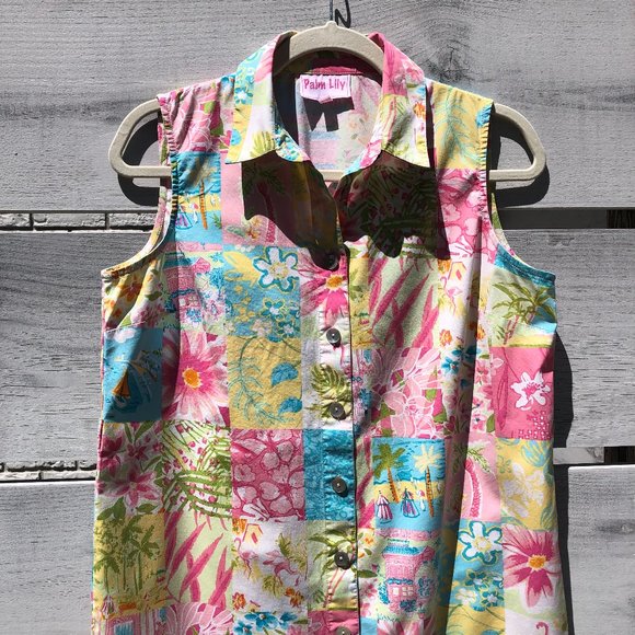 Vintage Palm Lily Cottagecore Sleeveless Boho Patchwork Button Front Shirt Dress - Picture 13 of 16